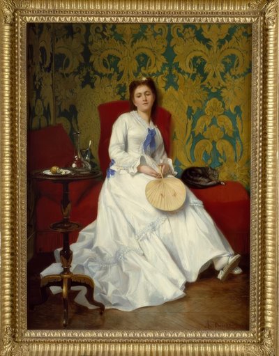 Albert Roosenboom, Lady in White with Fan / Painting, 19th Century by Albert Roosenboom